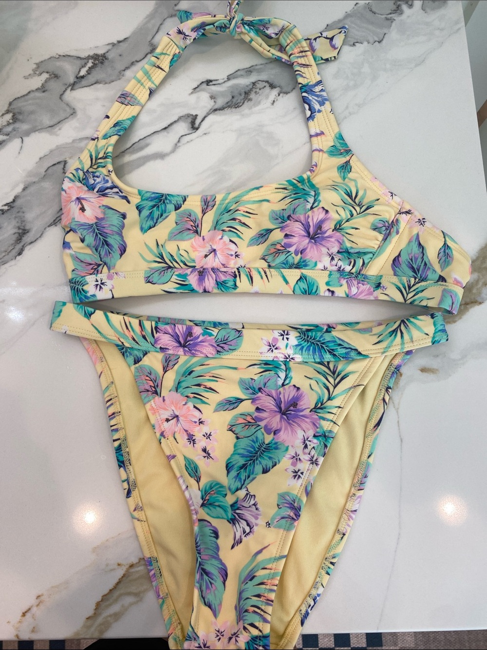 Xhilaration Yellow Floral Halter Bikini with Purple & Teal Blooms